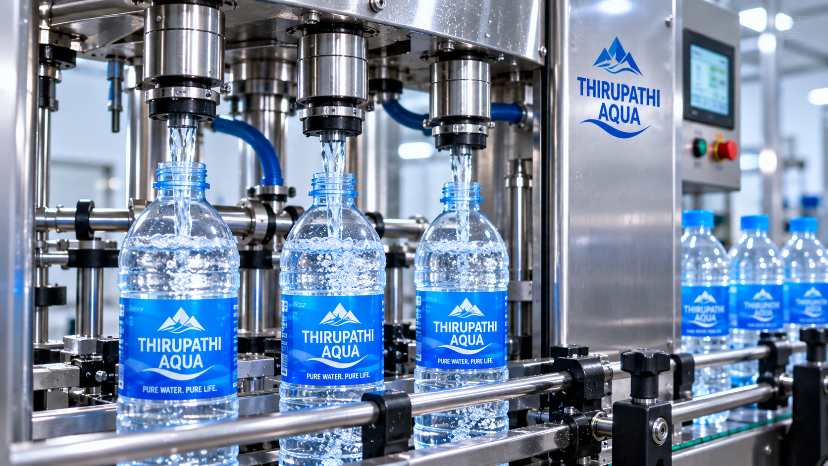 Purified water filling into THIRUPATHI AQUA bottles